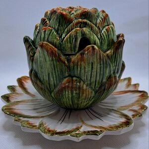 Vintage Artichoke Majolica Ceramic Pottery Sauce Bowl Lid Plate Made In Italy